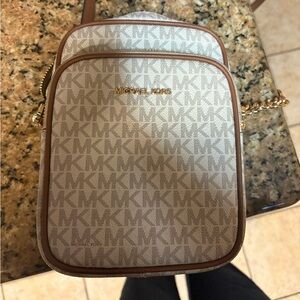 Michael Kors Logo Print Crossbody Bag in Cream and Brown
